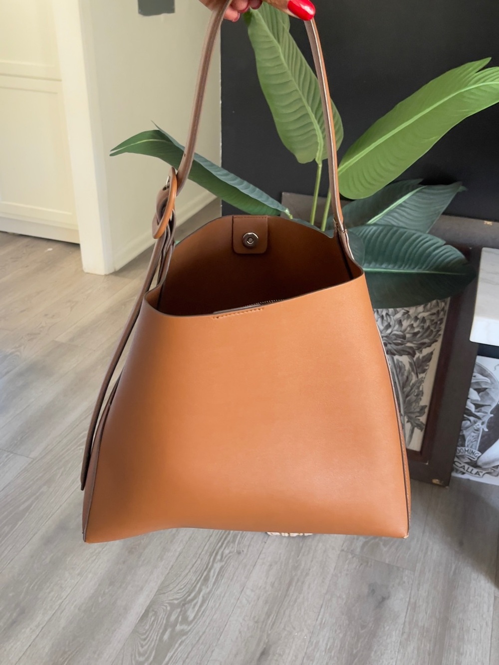 Mango Tan Leather Shoulder Bag - Structured Hobo